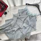 Multi-layered ruffled V-neck chiffon suspender dress with flowers for holiday R2128