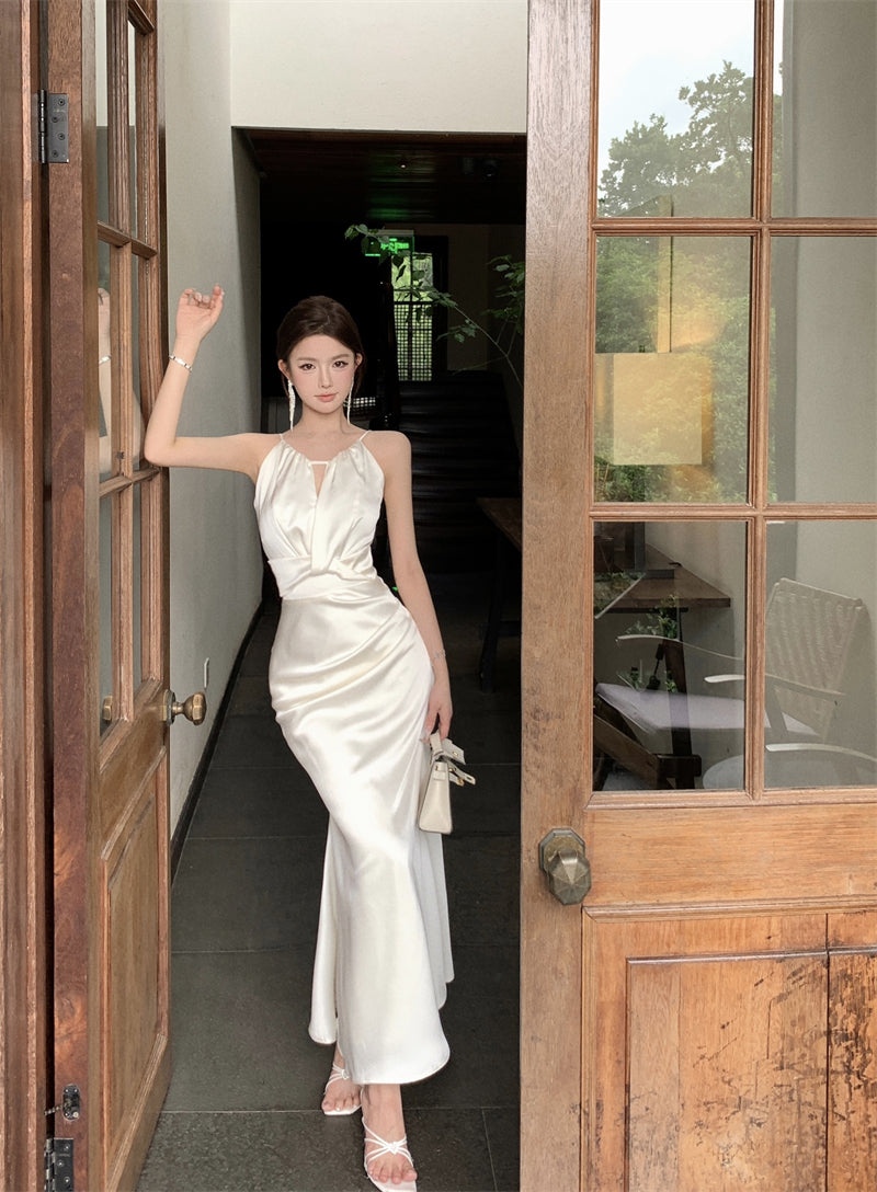 Satin white halter neck suspender dress sexy fishtail hip wrap gentle high-end long skirt R1468
