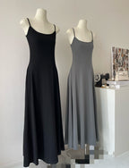 Black and gray simple waist slim U-neck temperament long suspender dress R2088