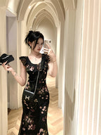 Holiday design small flying sleeves black floral dress slim fit temperament hip long skirt R1785