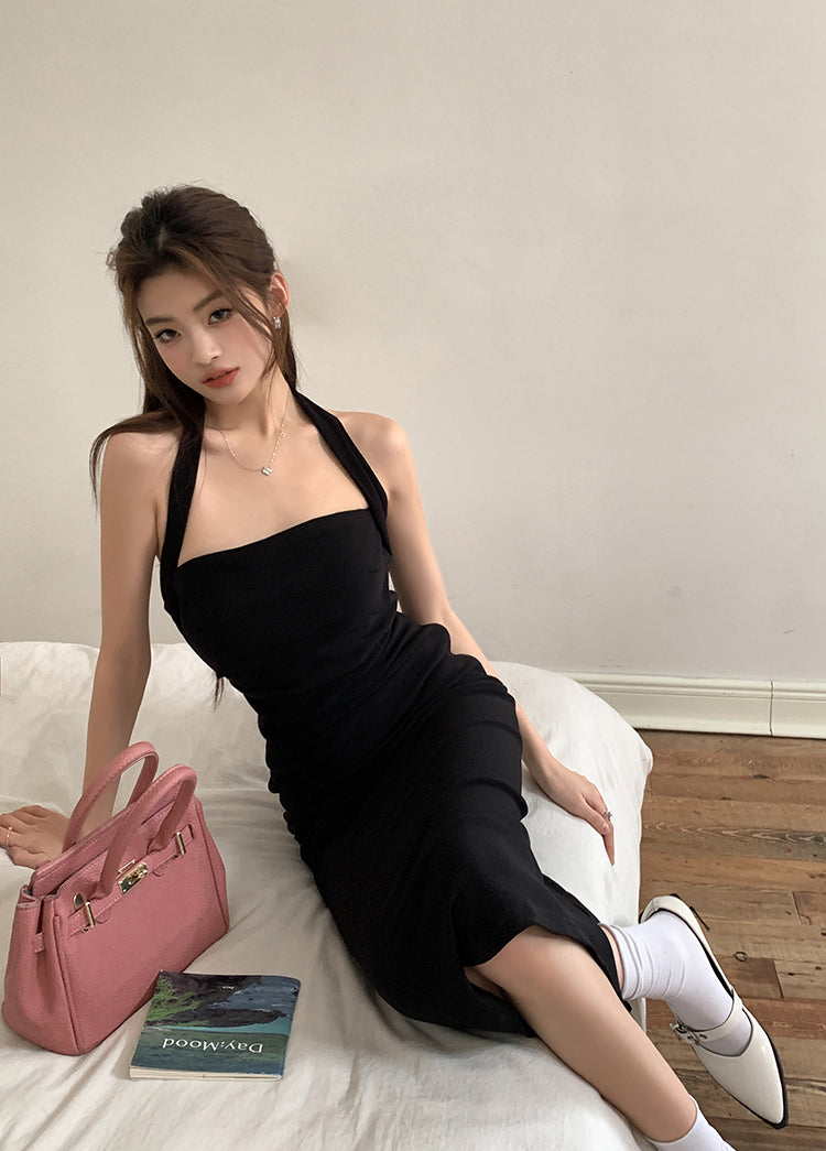 French halter dress slim fit temperament sleeveless suspenders pure desire hip skirt R1457