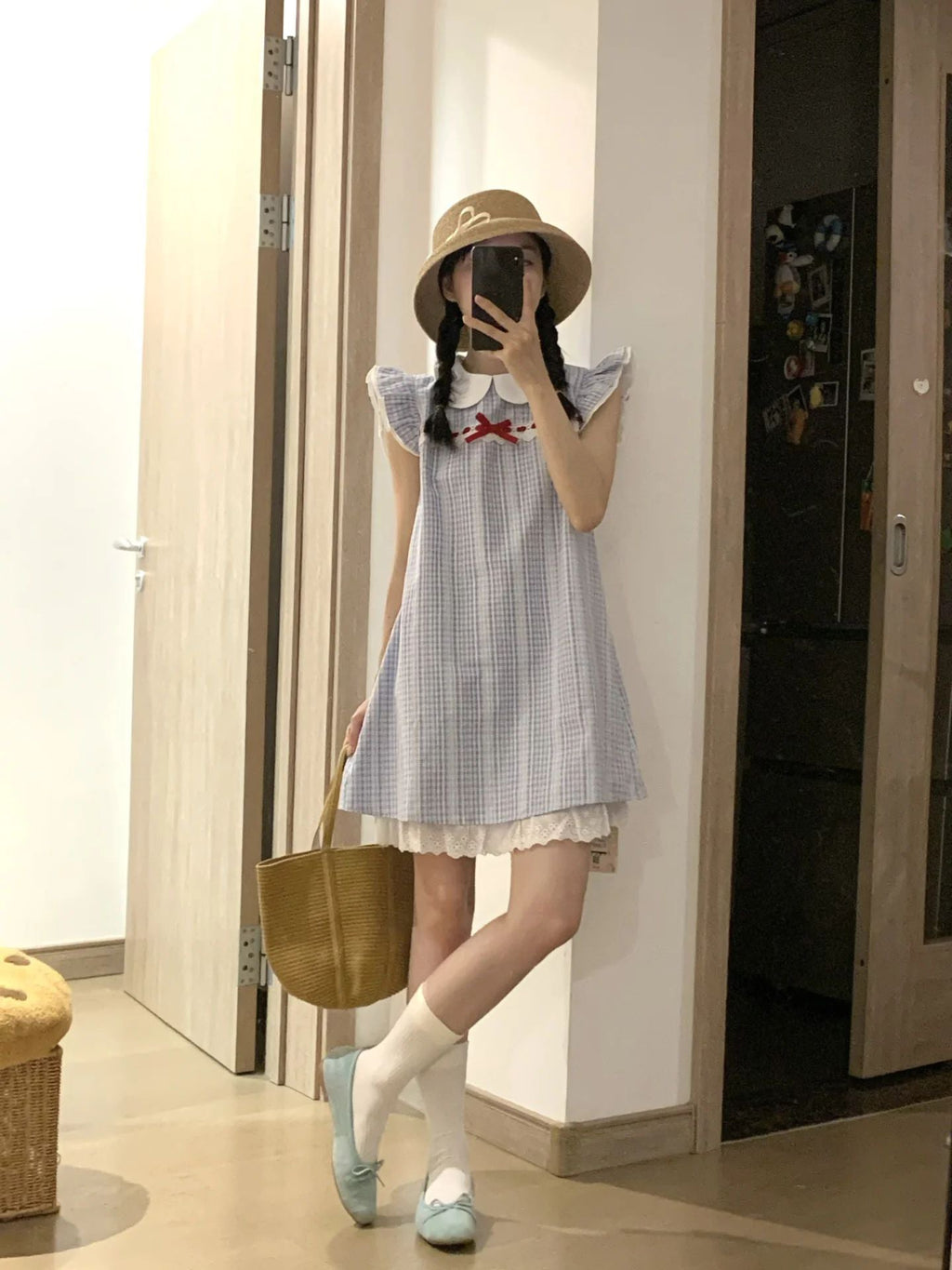 Sweet style blue plaid dress gentle temperament loose a-line short skirt 2025 new R0873