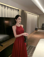 Burgundy halter neck dress French style suspender dress high-end dress R1454