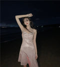 Beach vacation Sanya travel outfit sexy backless suspender beach dress R1455
