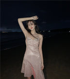 Beach vacation Sanya travel outfit sexy backless suspender beach dress R1455
