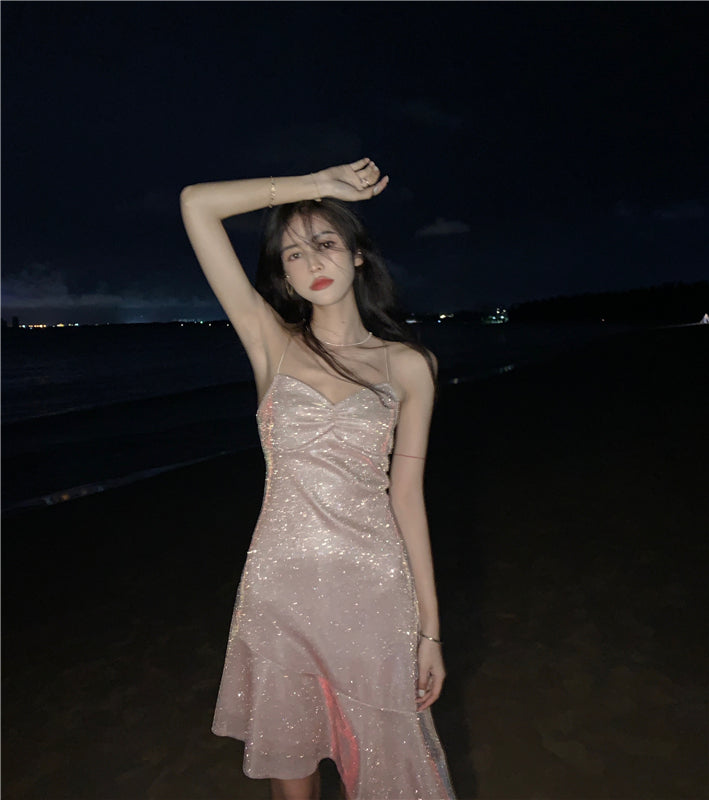 Beach vacation Sanya travel outfit sexy backless suspender beach dress R1455