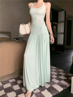 Vacation style outfit beautiful gentle style halter neck vest a-line skirt two-piece suit R0863