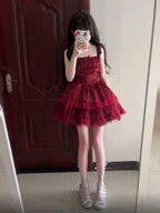 French Ball Gown Square Neckline Short Tulle Burgundy Lolita Dresses Party Dress Birthday Outfits