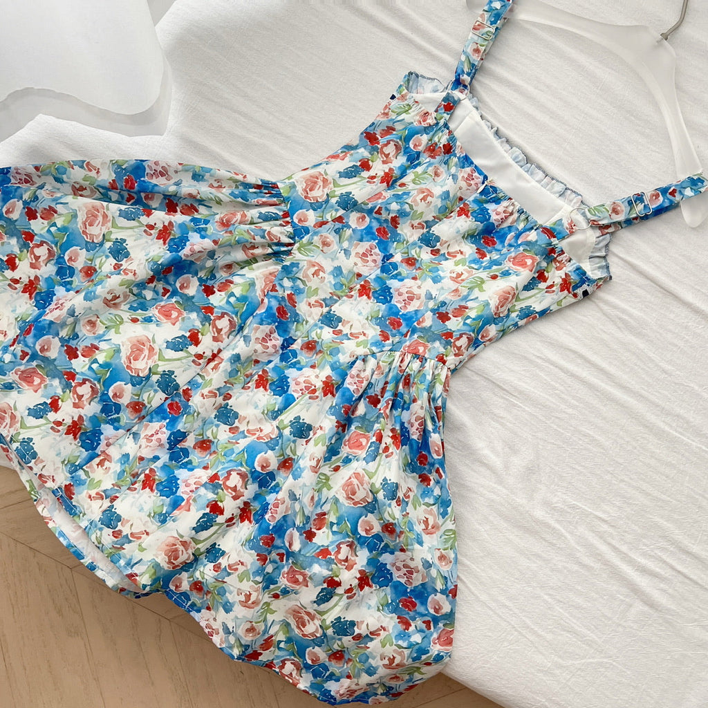 Rose print suspender dress 2025 summer new slim short skirt R2176