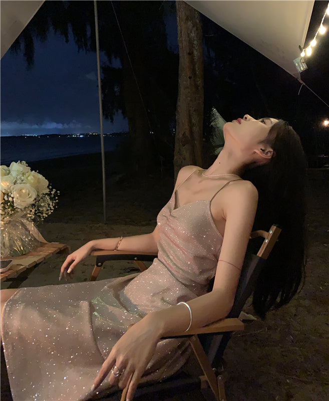 Beach vacation Sanya travel outfit sexy backless suspender beach dress R1455