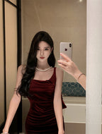 French suspender dress autumn wine red slim waist velvet hip fishtail Christmas dress R1439