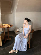 Vacation style outfit beautiful gentle style halter neck vest a-line skirt two-piece suit R0863