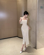 Square neck suspender dress with elegant waist, slim fit and hip-hugging high-end skirt R1453