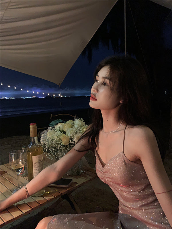 Beach vacation Sanya travel outfit sexy backless suspender beach dress R1455