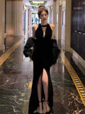 Hepburn style black dress high-end niche temperament sexy halter neck dress R1776