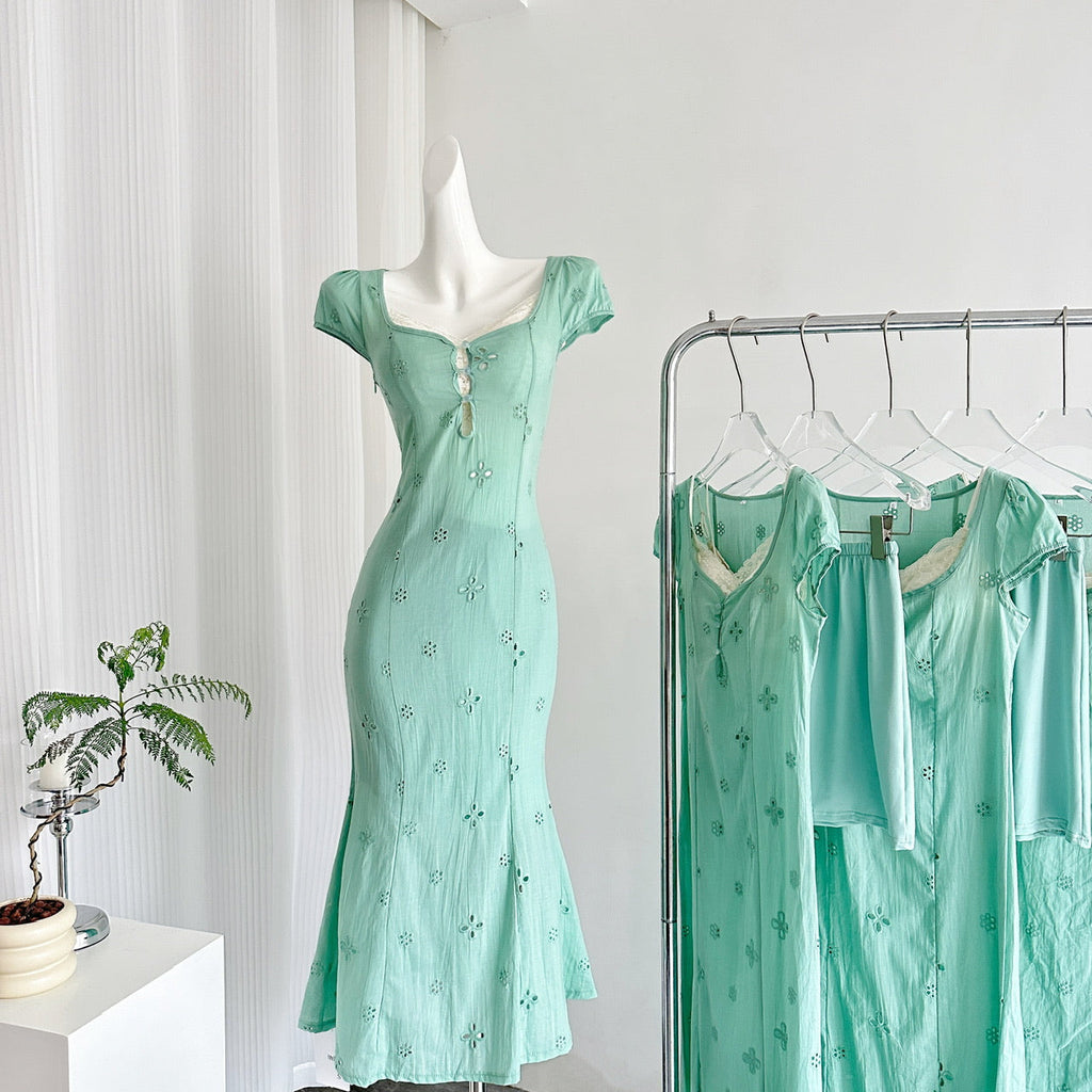 Light Mint Tea Break French Puff Sleeve Hollow First Love Fishtail Dress R2108