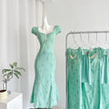 Light Mint Tea Break French Puff Sleeve Hollow First Love Fishtail Dress R2108