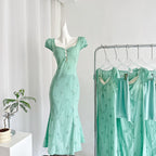 Light Mint Tea Break French Puff Sleeve Hollow First Love Fishtail Dress R2108