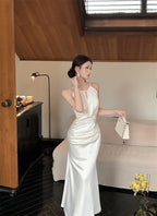 Satin white halter neck suspender dress sexy fishtail hip wrap gentle high-end long skirt R1468