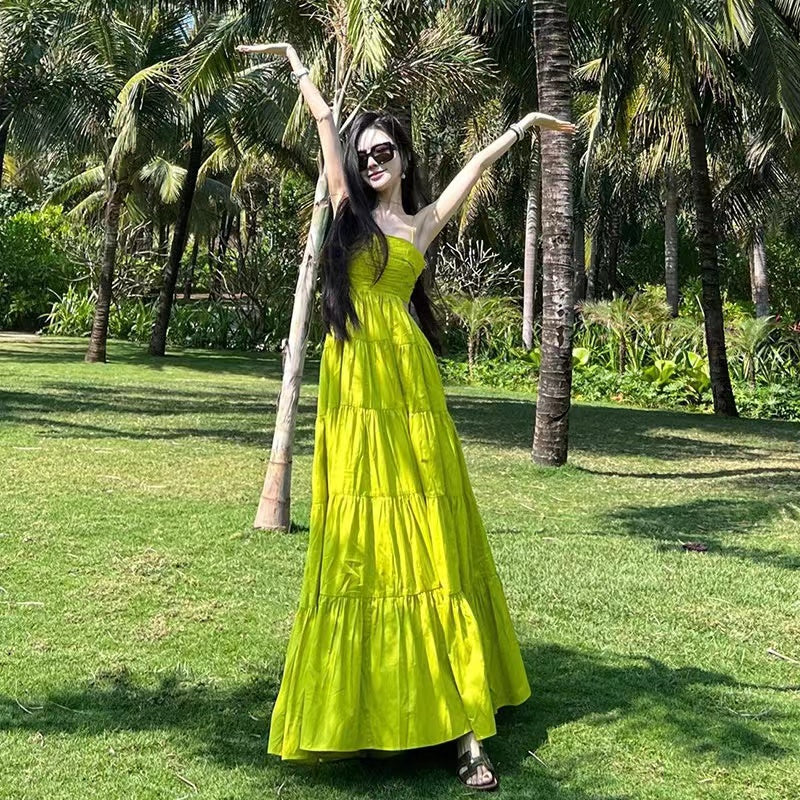 Travel suspenders with exposed waist dress, slim beach dress, holiday waist long skirt R1586