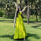 Travel suspenders with exposed waist dress, slim beach dress, holiday waist long skirt R1586
