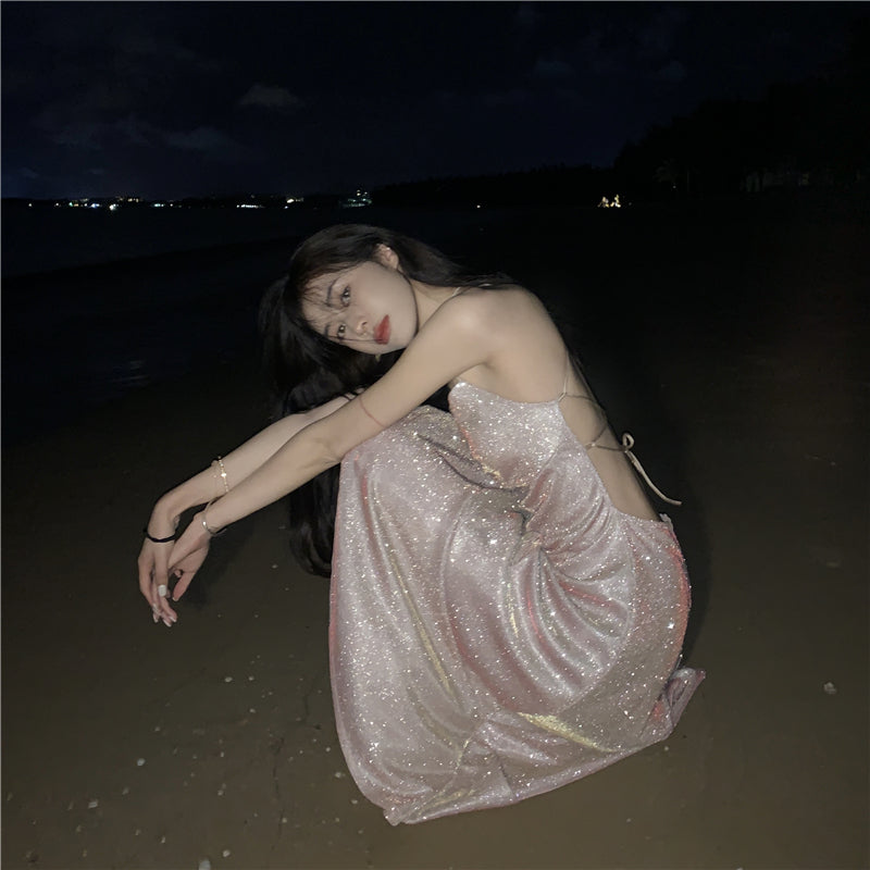 Beach vacation Sanya travel outfit sexy backless suspender beach dress R1455
