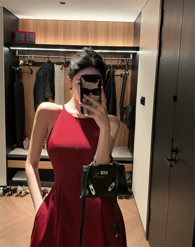 Burgundy halter neck dress French style suspender dress high-end dress R1454