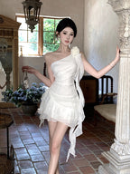 Birthday dress high-end party dress niche irregular chiffon off-shoulder dress R1806