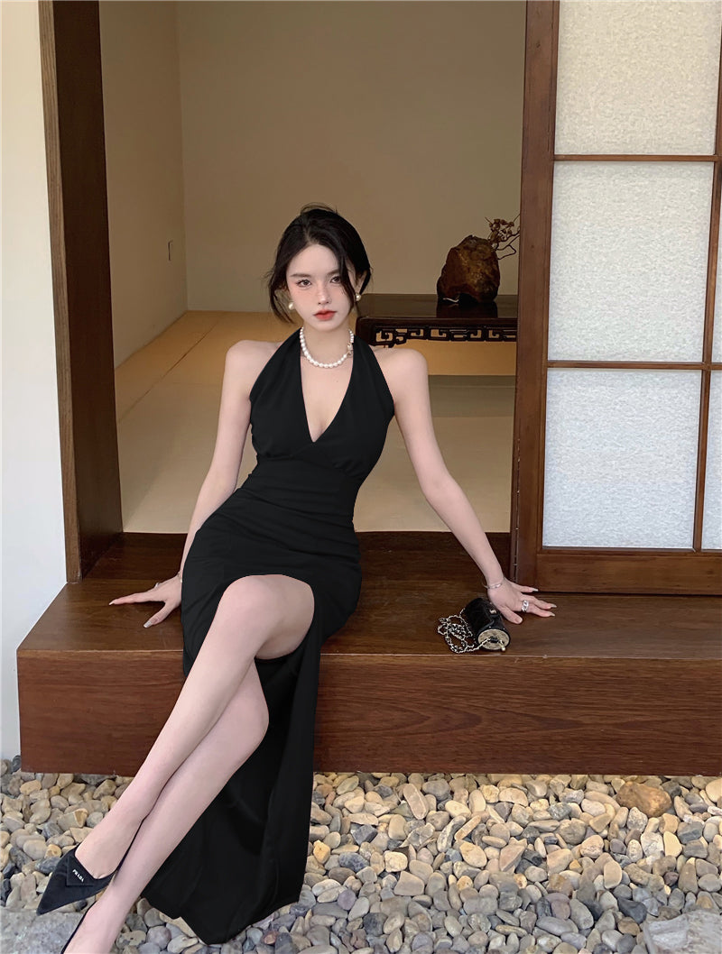 Retro black slit halter neck suspender dress sexy backless slit hip dress skirt R1474