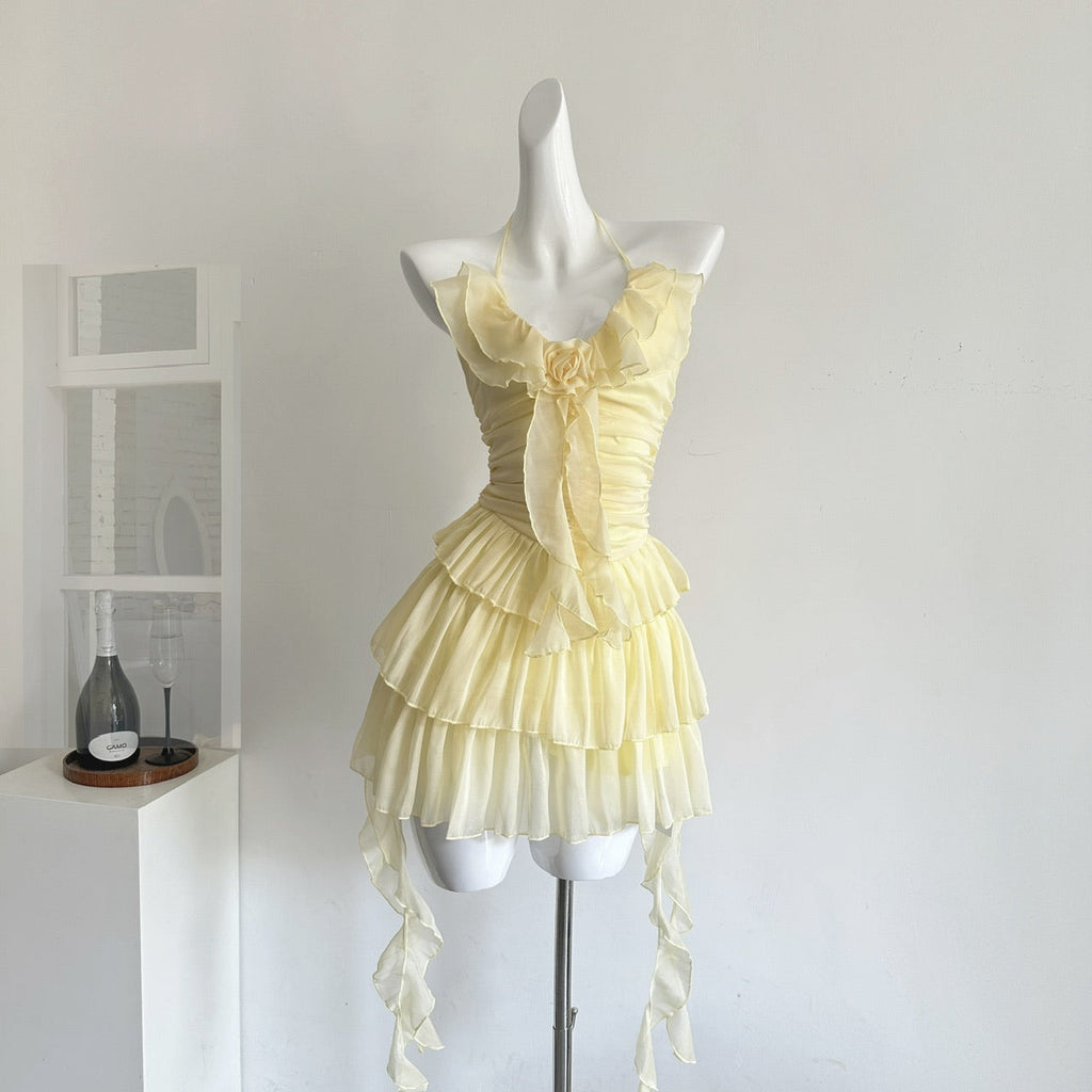 French temperament ruffled sling dress summer new irregular chiffon cake skirt R2115
