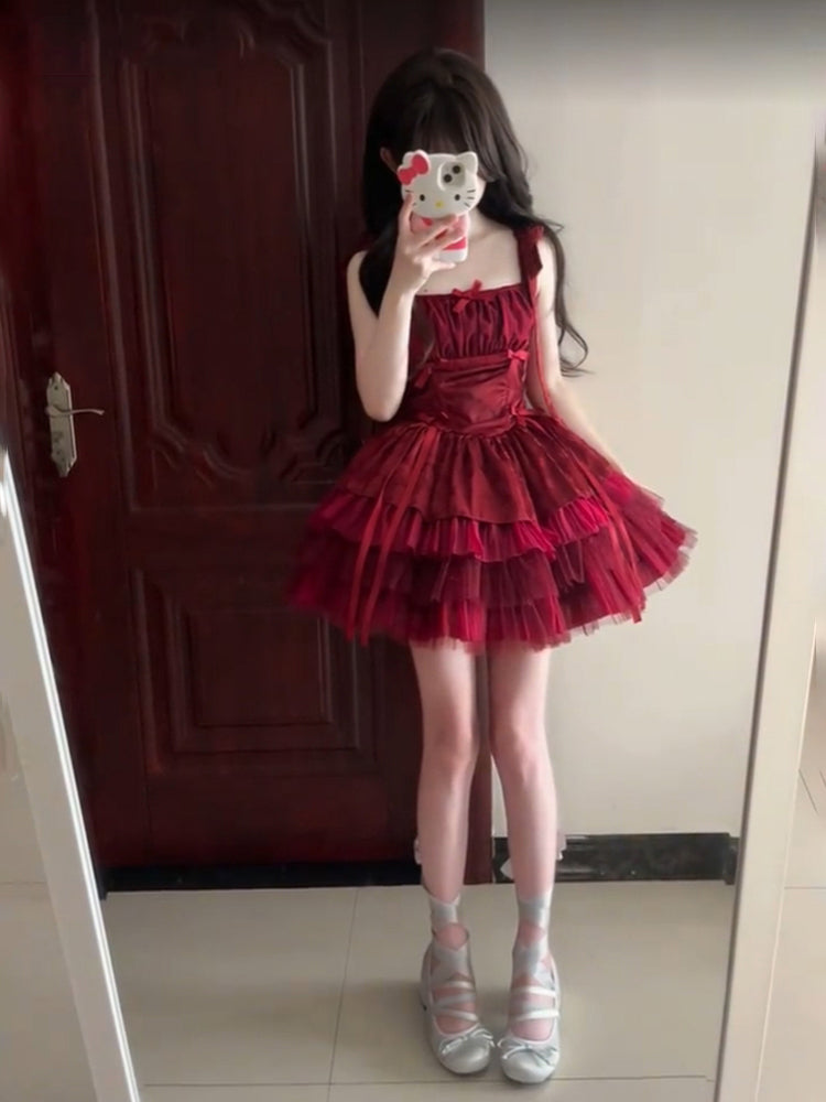 French Ball Gown Square Neckline Short Tulle Burgundy Lolita Dresses Party Dress Birthday Outfits