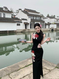 New Chinese retro stand collar dress with beautiful temperament and floral slim long skirt R0877
