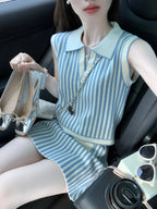 Polo collar striped knitted top skirt salty mature two-piece suit women's new R0884