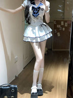 Lolita girl college style pure desire hot girl suit navy collar top skirt bow short two-piece suit R1679
