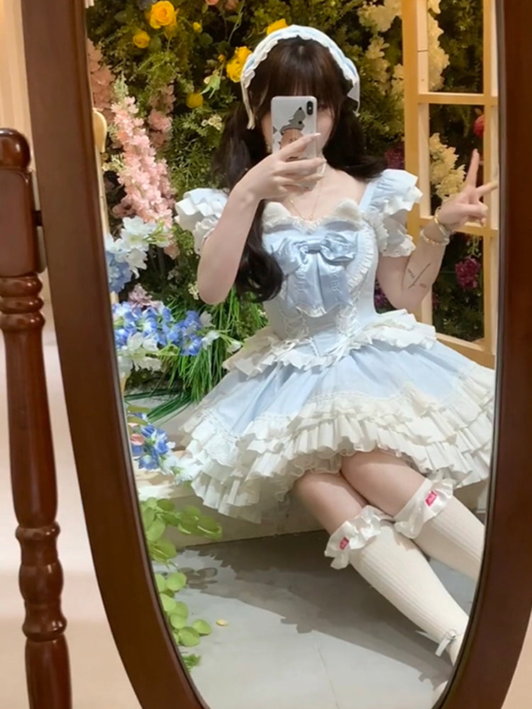 Sweet design sweetheart lolita dress bride bow waist slim flying sleeves puffy princess dress R1680