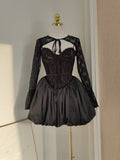 Sexy Ball Gown Spaghetti Straps Black Lace Travel Vacation Dresses Short Satin Birthday Dress