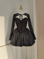 Sexy Ball Gown Spaghetti Straps Black Lace Travel Vacation Dresses Short Satin Birthday Dress