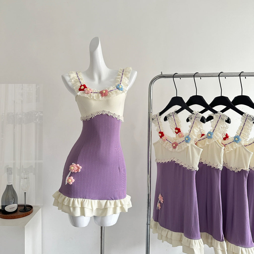 Purple summer sweet slim knitted short patchwork dress R2121