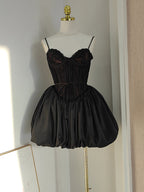 Sexy Ball Gown Spaghetti Straps Black Lace Travel Vacation Dresses Short Satin Birthday Dress