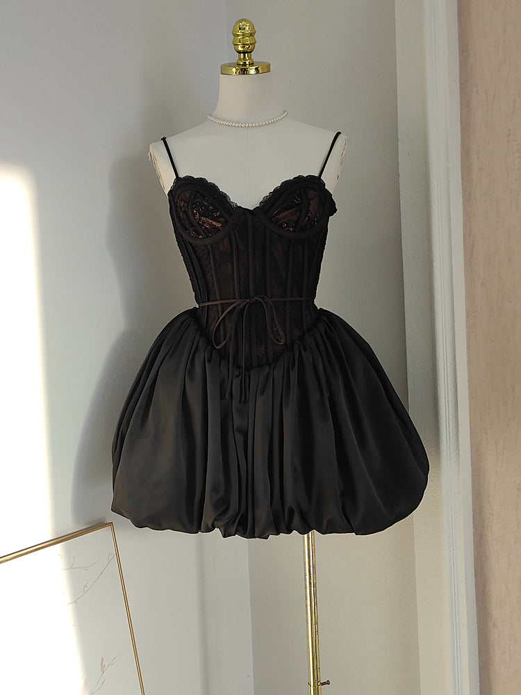 Sexy Ball Gown Spaghetti Straps Black Lace Travel Vacation Dresses Short Satin Birthday Dress