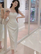 Satin chain suspender dress French waist high-end slit irregular skirt R1497