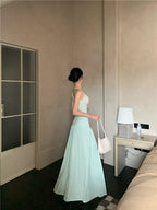 Vacation style outfit beautiful gentle style halter neck vest a-line skirt two-piece suit R0863
