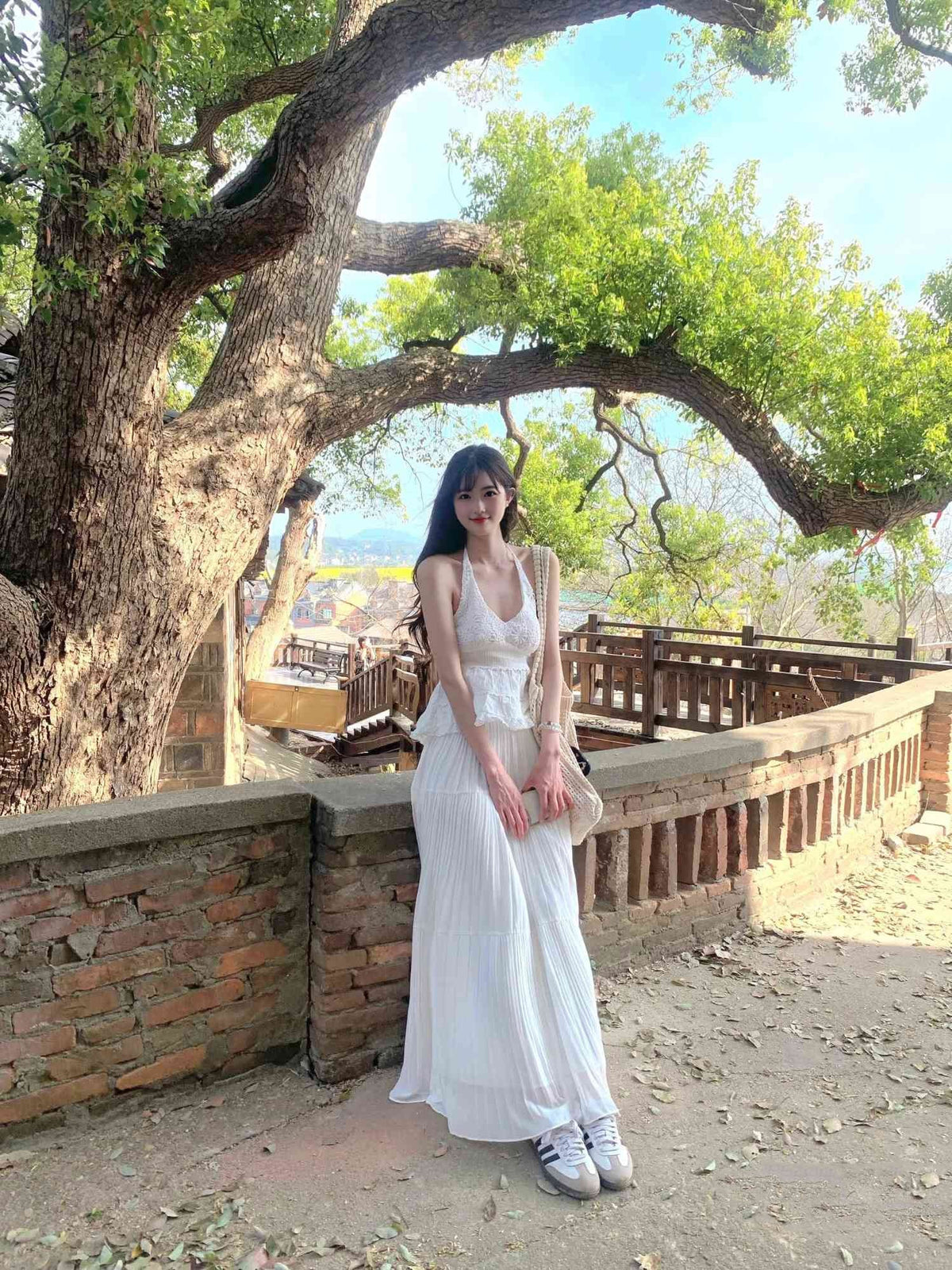 Holiday style outfit gentle temperament white halter neck top a-line skirt two-piece suit R0866