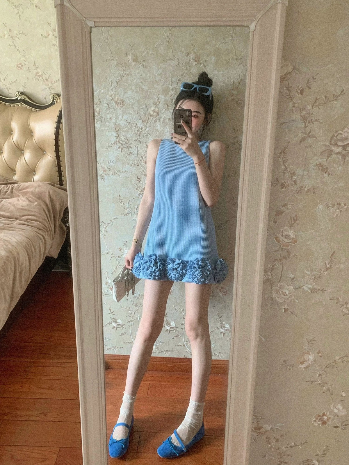 French style blue Chanel style vest dress beautiful loose A-line short skirt R0868