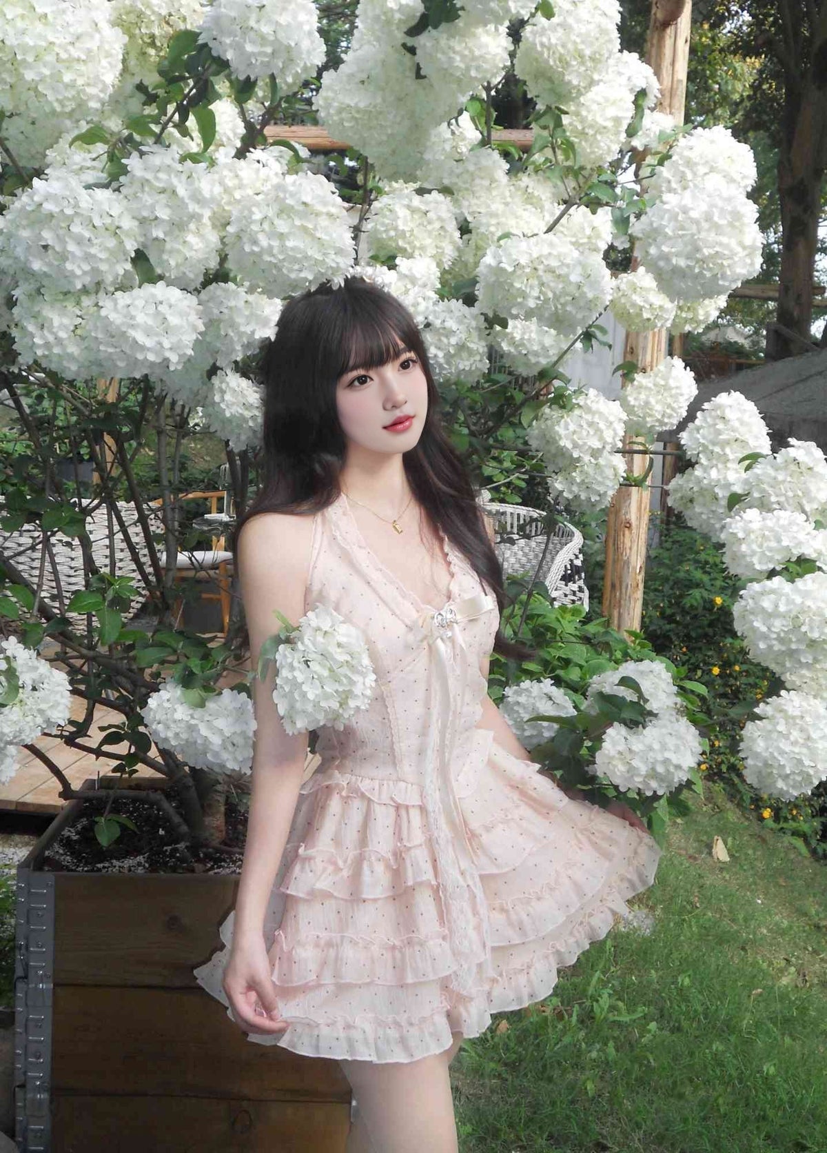Pink polka dot halter neck dress gentle and sweet style temperament waist A-line short skirt R0865