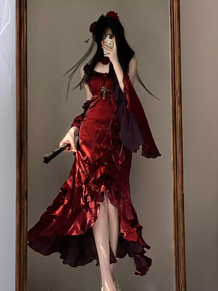 Red rose dress lolita fishtail skirt Lolita elegant goddess royal sister R1689