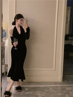 Retro halter neck velvet dress 2025 sexy temperament hip fishtail dress R1493