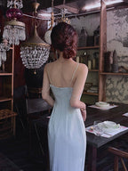 Satin chain suspender dress French waist high-end slit irregular skirt R1497