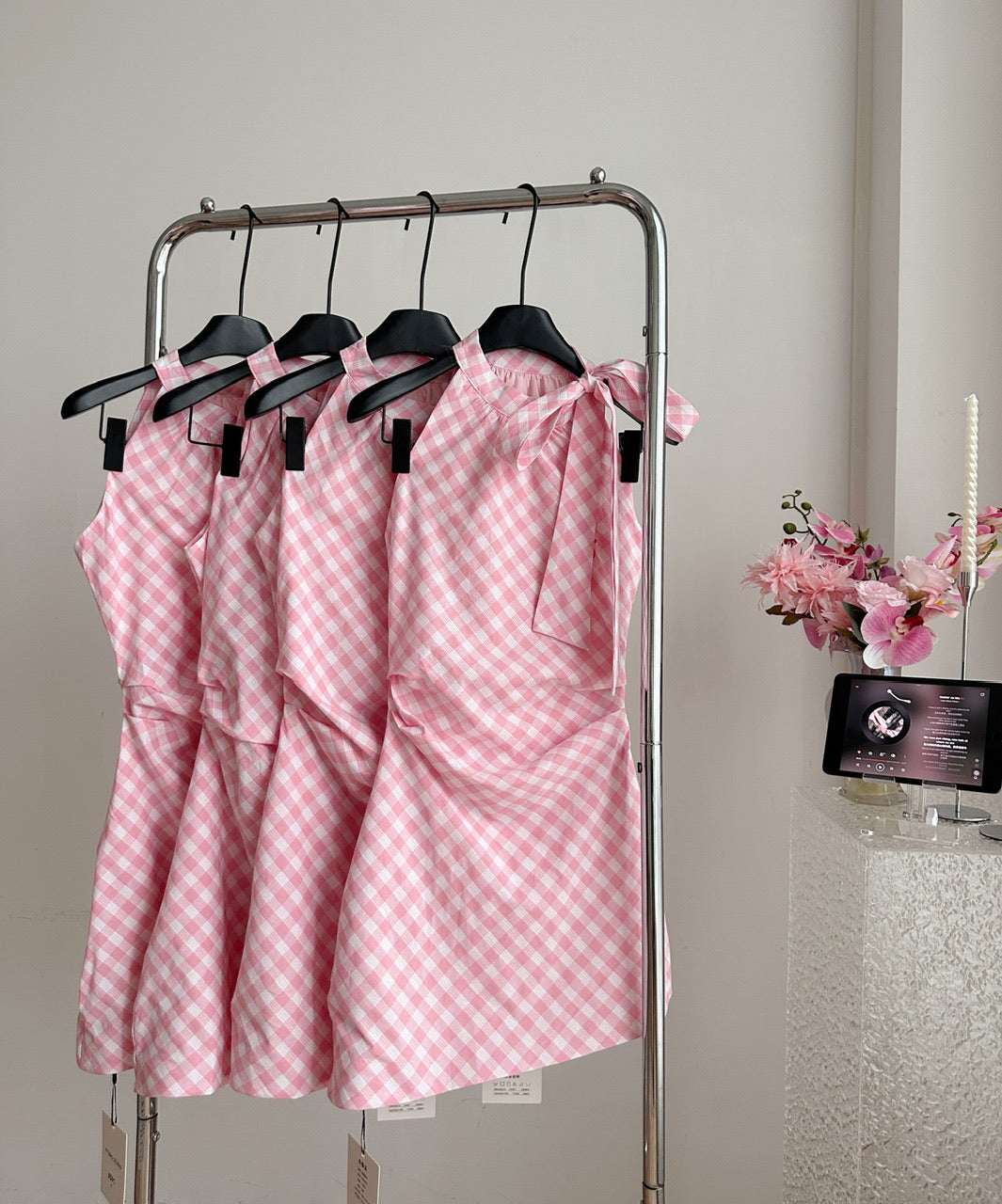 Halter Neck Off Shoulder Pink Plaid Sleeveless Dress Irregular Bow Design Skirt R1979