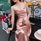 High-end acetate silk satin French suspender dress 2025 new pink long skirt R0993